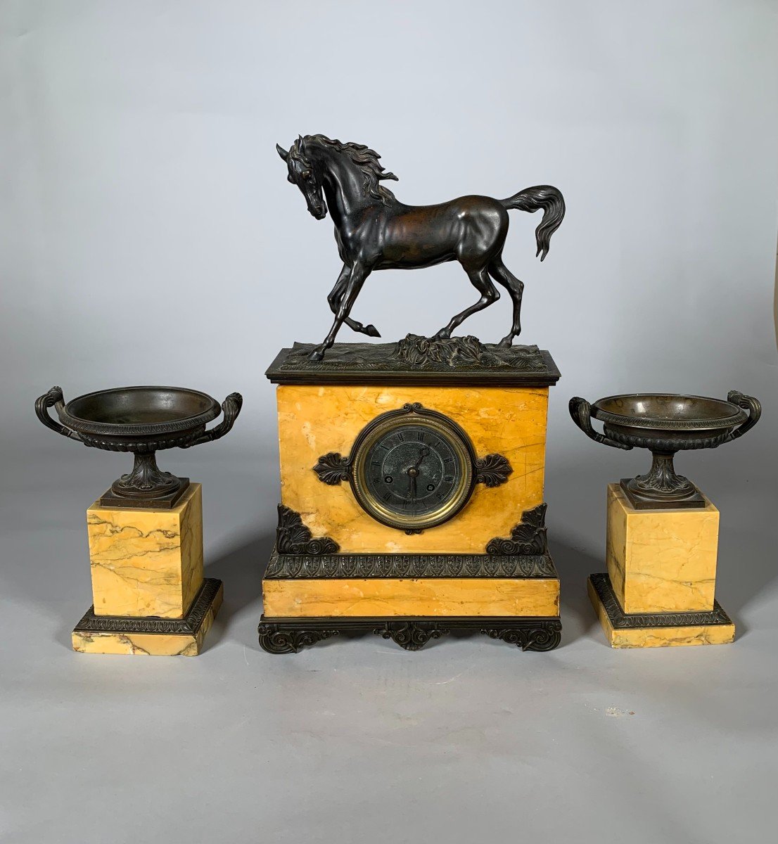 Charles X Style Fireplace Mantelpiece Horse Clock And Pair Of Cassolettes 