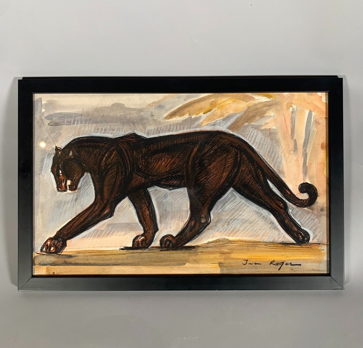 Jean Royer (20th Century) Drawing Of A Panther In Motion Modern Charcoal