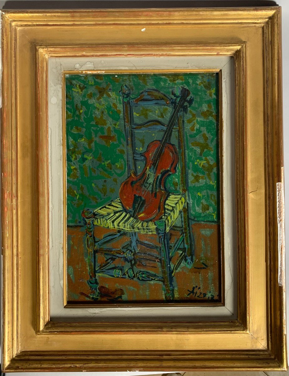 Paul Aizpiri (1919-2016) Violin On Chair Oil Painting On Canvas Modern 20th Century-photo-4