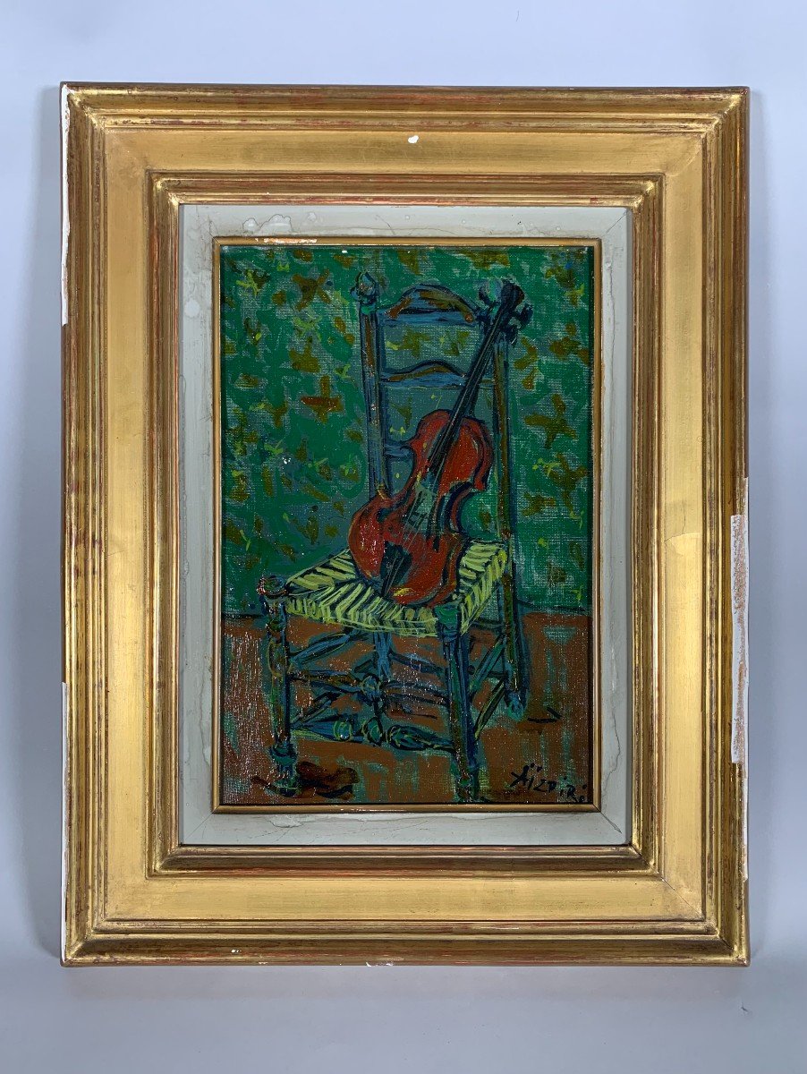 Paul Aizpiri (1919-2016) Violin On Chair Oil Painting On Canvas Modern 20th Century