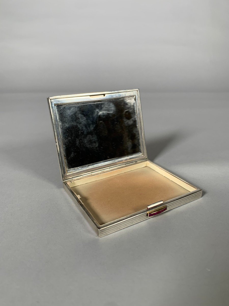 Powder Compact In Vermeil, Silver And Ruby Art Deco 1940's 20th Century Minaudiere-photo-2