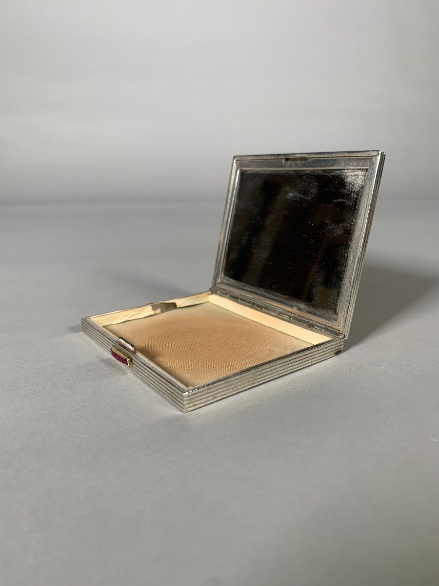 Powder Compact In Vermeil, Silver And Ruby Art Deco 1940's 20th Century Minaudiere-photo-3