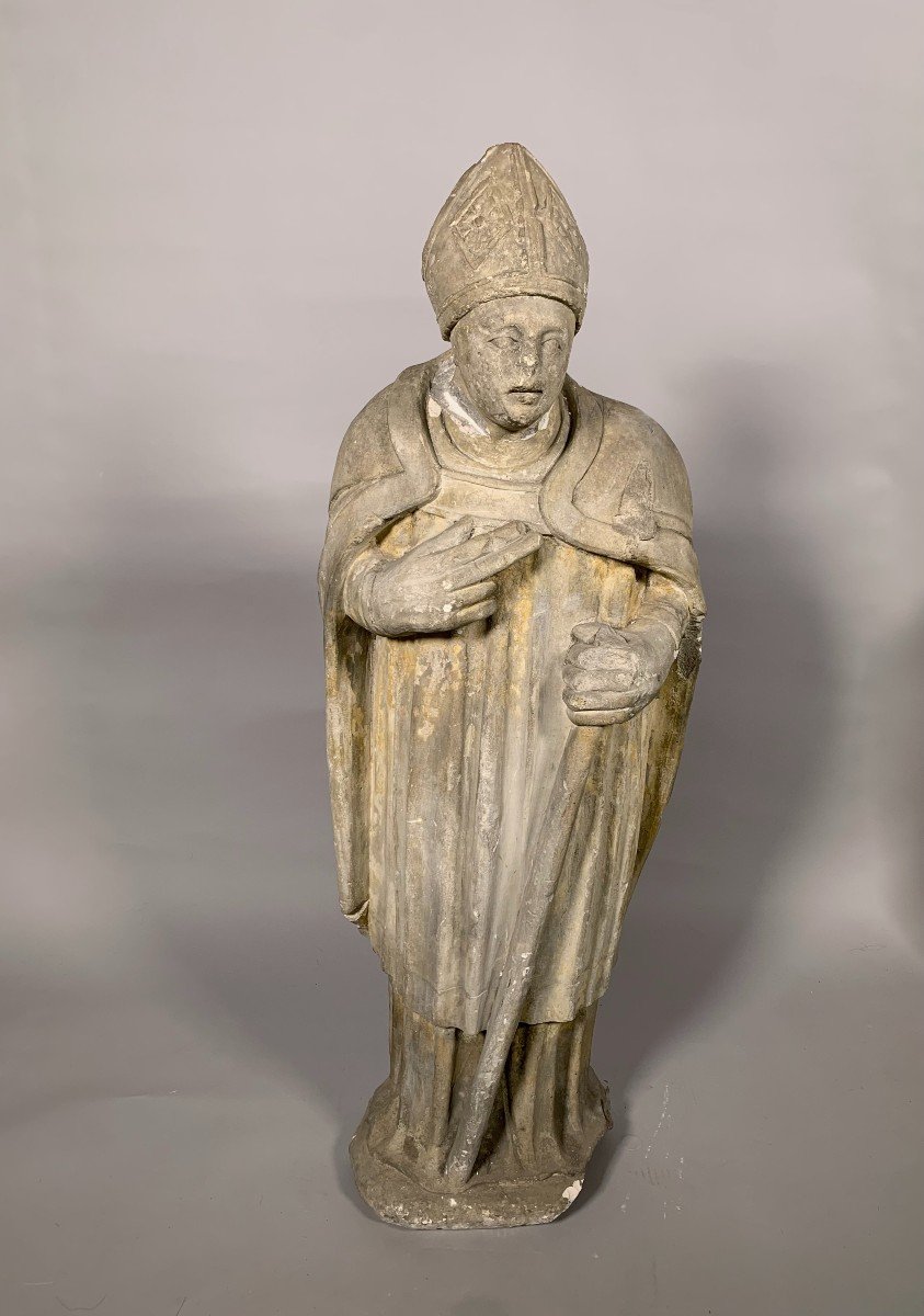 Sculpture En Pierre Calcaire XVeme Siecle d'Un Saint Eveque - 95 Cm - Haute Epoque Statue