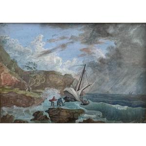 Gouache On Vellum 18th Century Ship In The Storm After Claude Joseph Vernet