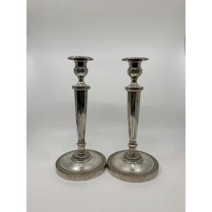 Pair Of Candlesticks In Silvered Bronze, Empire Period Early 19th Century  