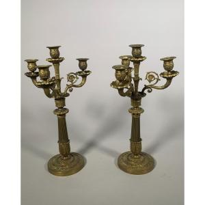 Pair Of Bronze Candelabras Restoration Period 19th Century