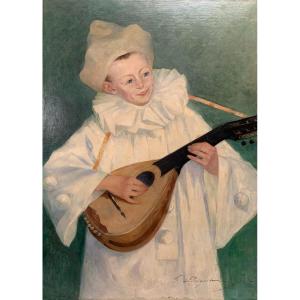 Ferdinand Loyen Du Puigaudeau (1864-1930) - Pierrot à La Mandoline Huile Sur Toile Moderne 