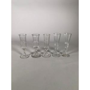 5 Champagne Flutes In Blown And Cut Glass Early 19th Century 