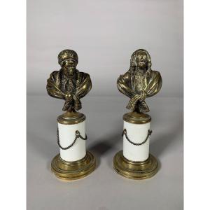 Paire De Bustes De Voltaire Et Rousseau Fin XVIII Eme Siecle  Bronze Et Porcelaine 