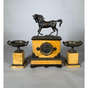 Charles X Style Fireplace Mantelpiece Horse Clock And Pair Of Cassolettes 