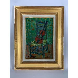 Paul Aizpiri (1919-2016)  Violon Sur Chaise  Peinture à l'Huile Sur Toile Moderne XXeme Siecle