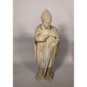 15th Century Limestone Sculpture Of A Saint Bishop - 95 Cm - Haute Epoque Statue