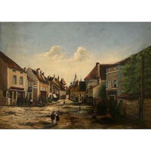 Busy Street Scene, French Village  End Of XIX Century.