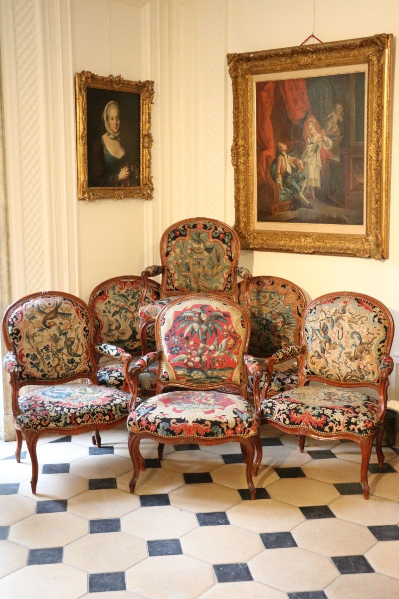 Set Of Six Queen Armchairs In Walnut Stamped Nadal The Elder