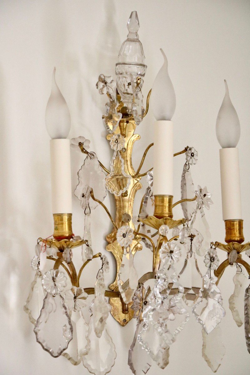 Pair Of Sconces With Three Arms Of Lights In Crystal And Gilt Bronze-photo-3