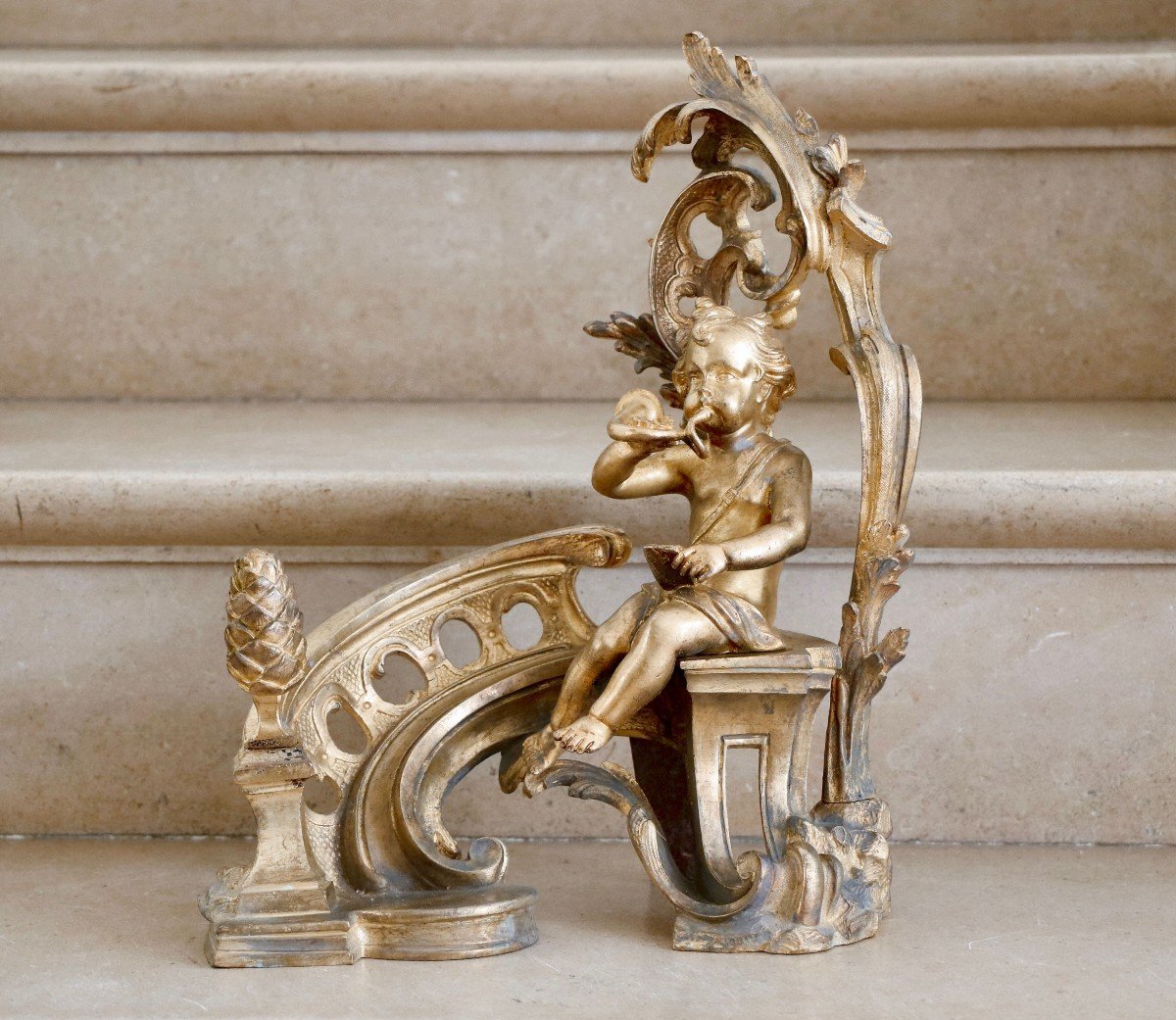 Pair Of Andirons With Putti In Gilt Bronze-photo-2