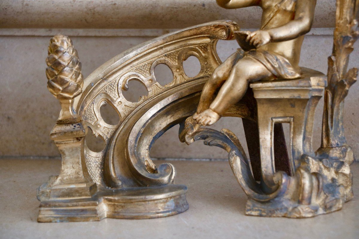 Paire De Chenets Aux Putti En Bronze Doré-photo-3