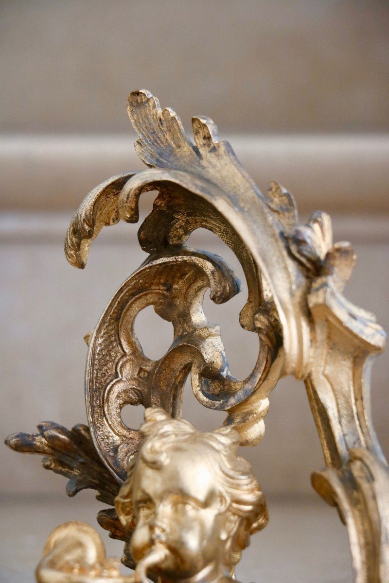 Pair Of Andirons With Putti In Gilt Bronze-photo-1