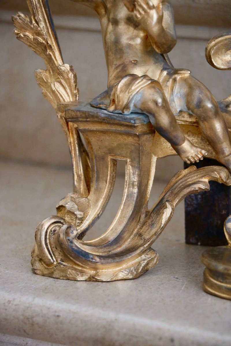 Pair Of Andirons With Putti In Gilt Bronze-photo-6