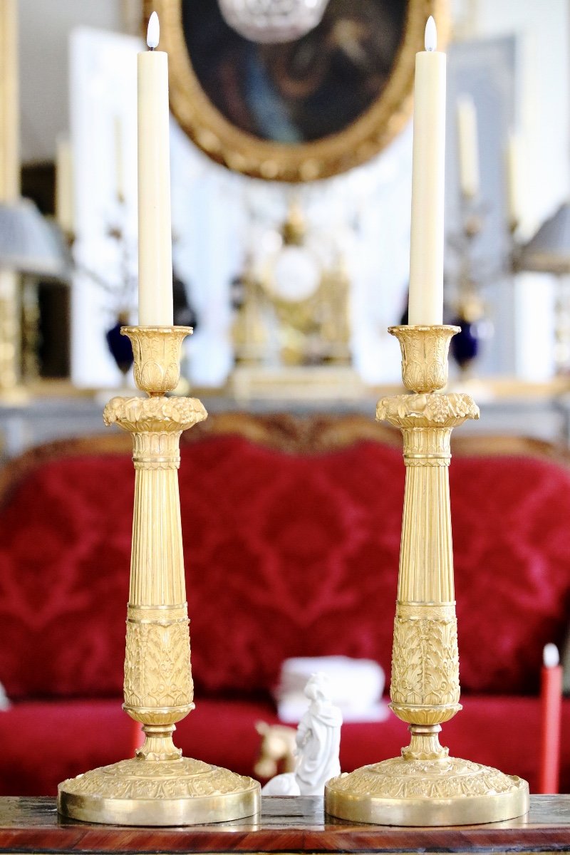 Pair Of Gilt And Chiseled Bronze Candlesticks