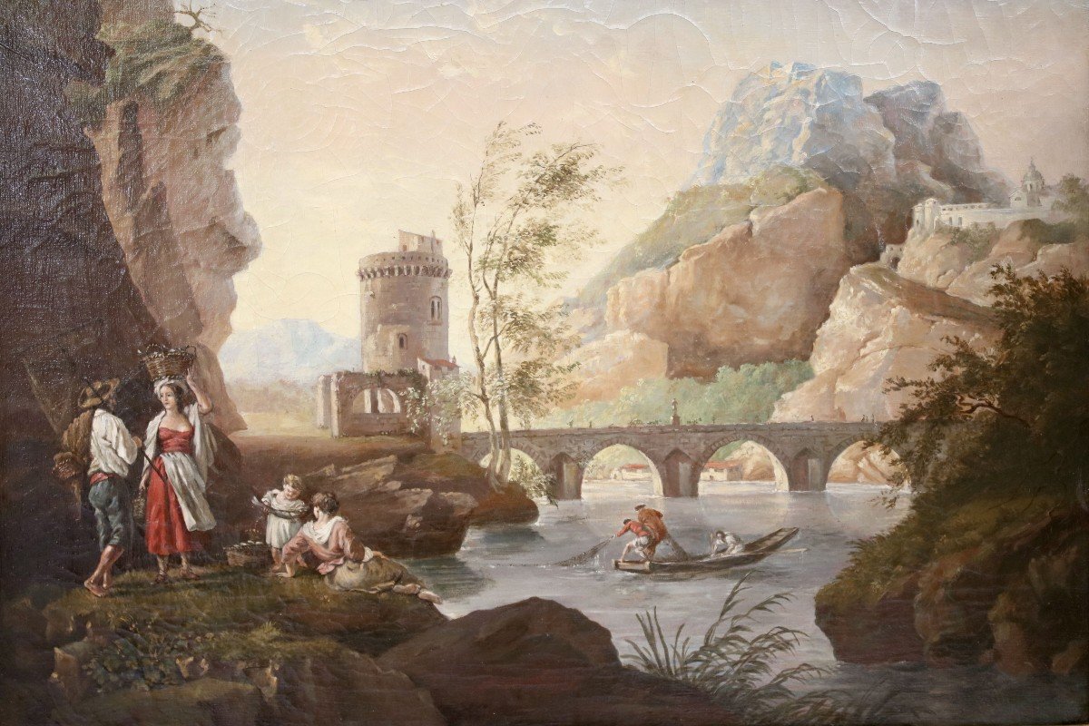 Oil On Canvas Representing A “landscape With Fishermen”-photo-2