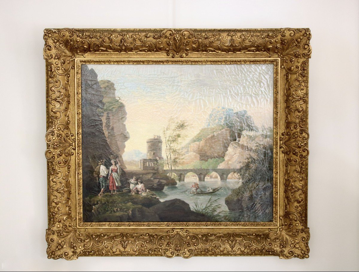 Huile Sur Toile Représentant Un « paysage Aux Pêcheurs»