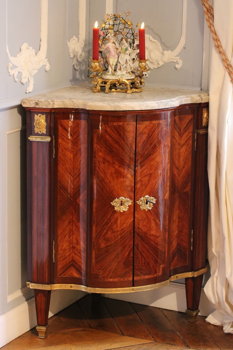 Pair Of Transition Period Corner Cabinets, Marquetry In Rosewood, Stamped Leleu