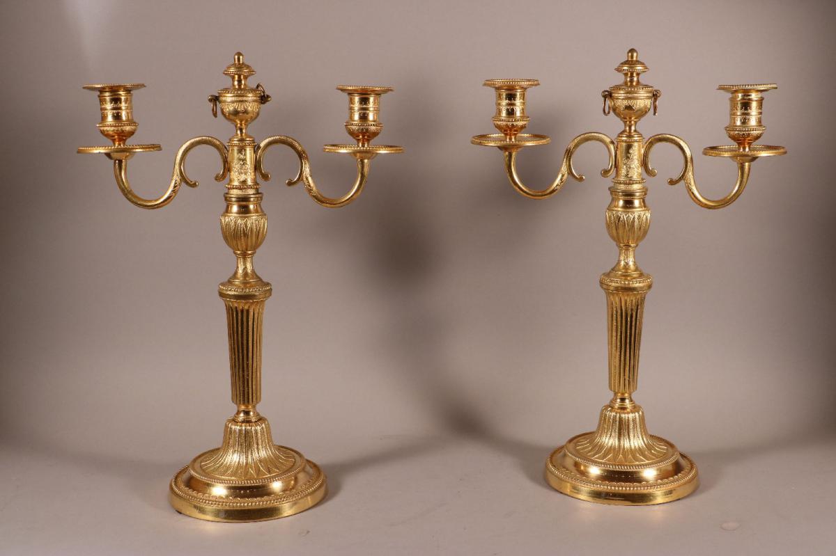 Pair Of Candelabra Dual Arm Of Light, Bronze Carved And Gilded, Louis XVI.