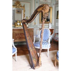 Harpe à Pédales En Bois Doré Et Sculpté, époque Louis XVI