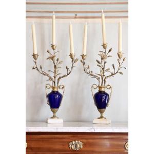 Pair Of Candelabra, Glass Blue, Golden Bronze, Carrara Marble, Louis XVI.