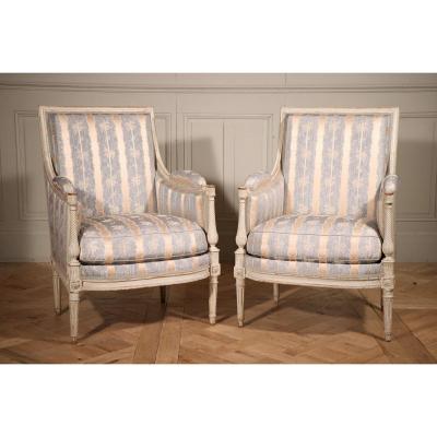 Pair Of White Lacquered Bergeres Stamped By Jean Baptiste Lelarge