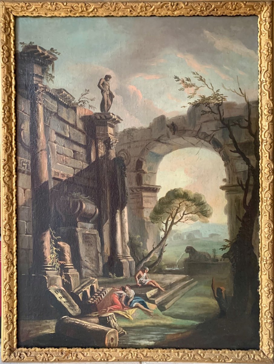 Hubert-Robert 1733-1808. Ruines Antiques Animées De Personnages. Huile Sur Toile.