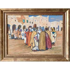 BOUVIOLLE Maurice 1893-1971 Le Marché Aux Moutons à Ghardaia Huile Sur Toile Signée M Bouviolle