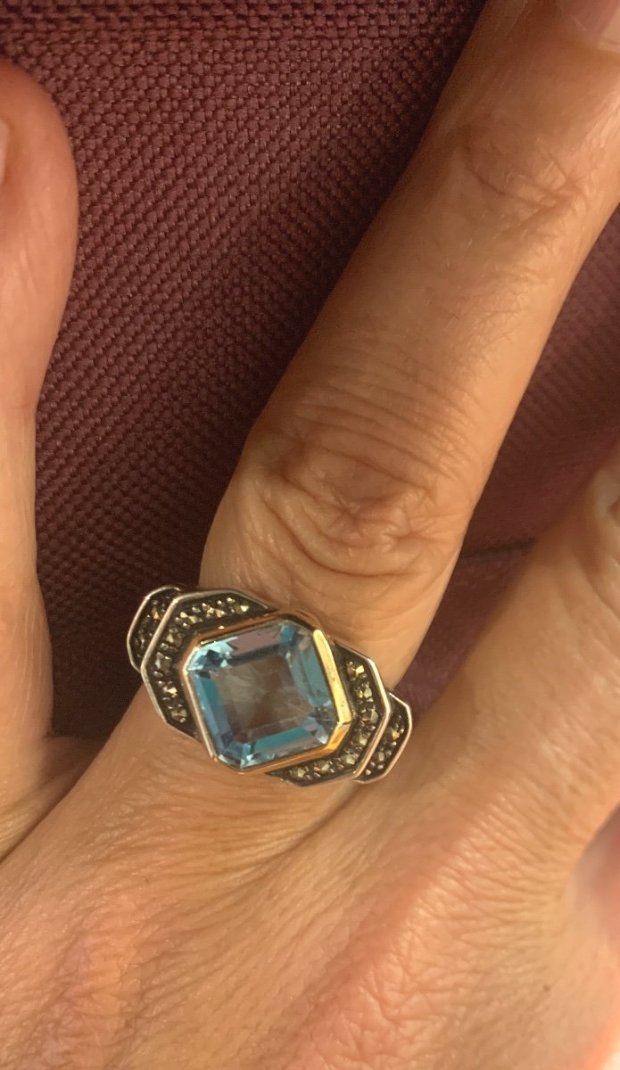 Silver Ring, Blue Topaz Set In Gold And Marcasite-photo-4