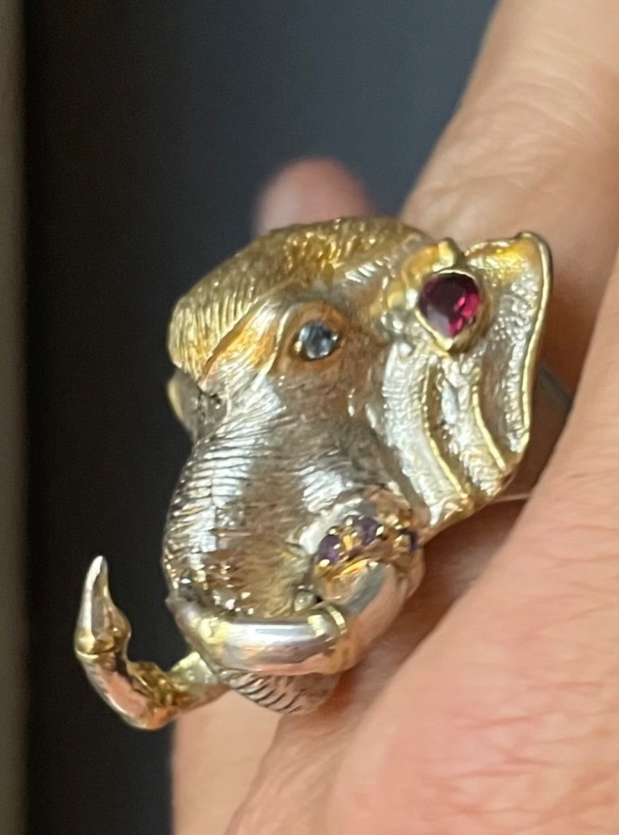 Bague éléphant Argent Vermeil Grenats Topaze Bleue Amethystes-photo-4