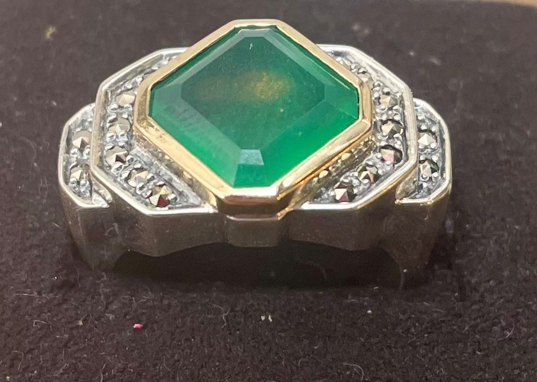 Bague Argent Agathe Verte Sertissure Or , Marcassites .-photo-6