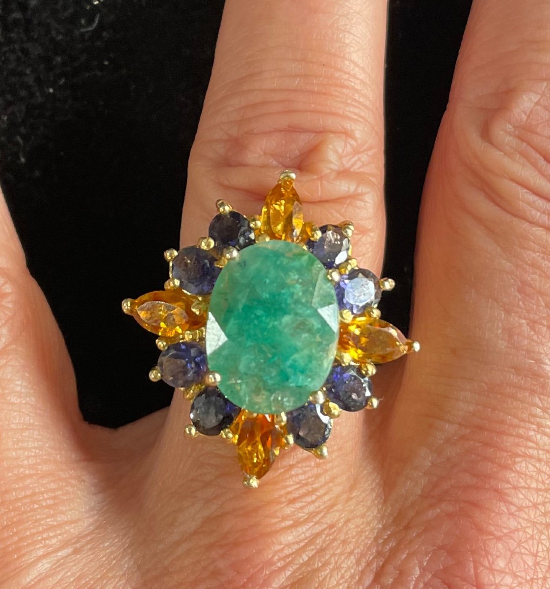 Bague Argent Doré , Racine D’émeraude, Citrine ,iolite -photo-2