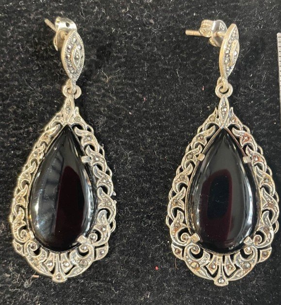 Boucles D’oreilles Argent Onyx Marcassites 