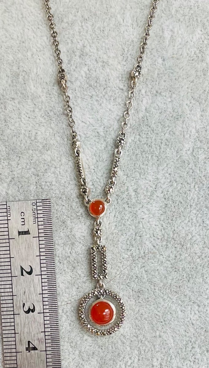 Silver Necklace Set With 2 Cabochons Of Carnelian And Marcasite -photo-3