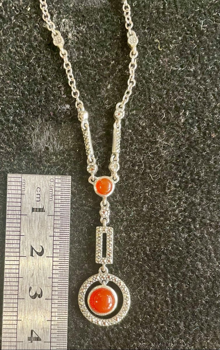 Silver Necklace Set With 2 Cabochons Of Carnelian And Marcasite -photo-4