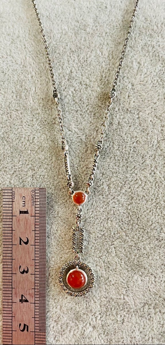 Silver Necklace Set With 2 Cabochons Of Carnelian And Marcasite -photo-6