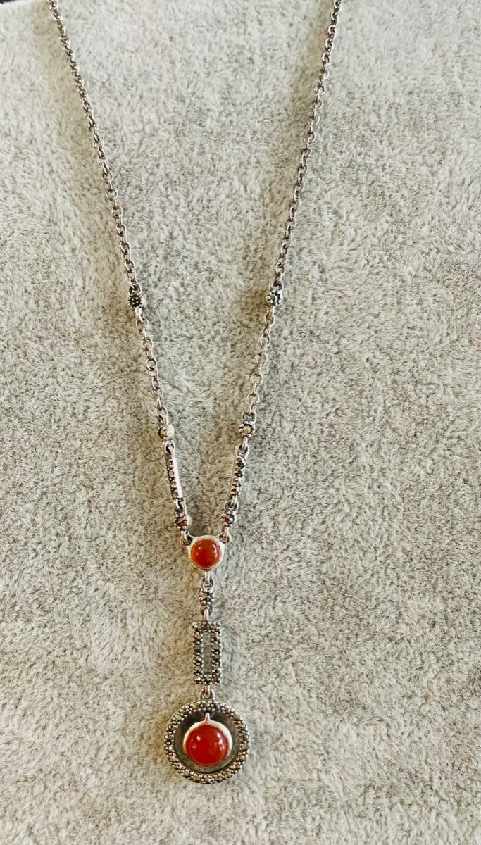 Silver Necklace Set With 2 Cabochons Of Carnelian And Marcasite -photo-7