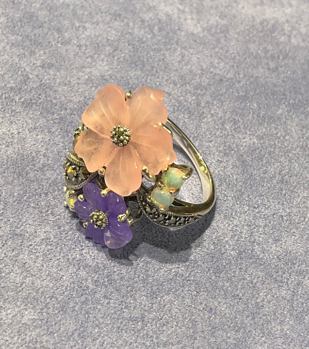 Bague Argent Quartz Rose , Jade Lavender, Opales ,Marcassites -photo-4