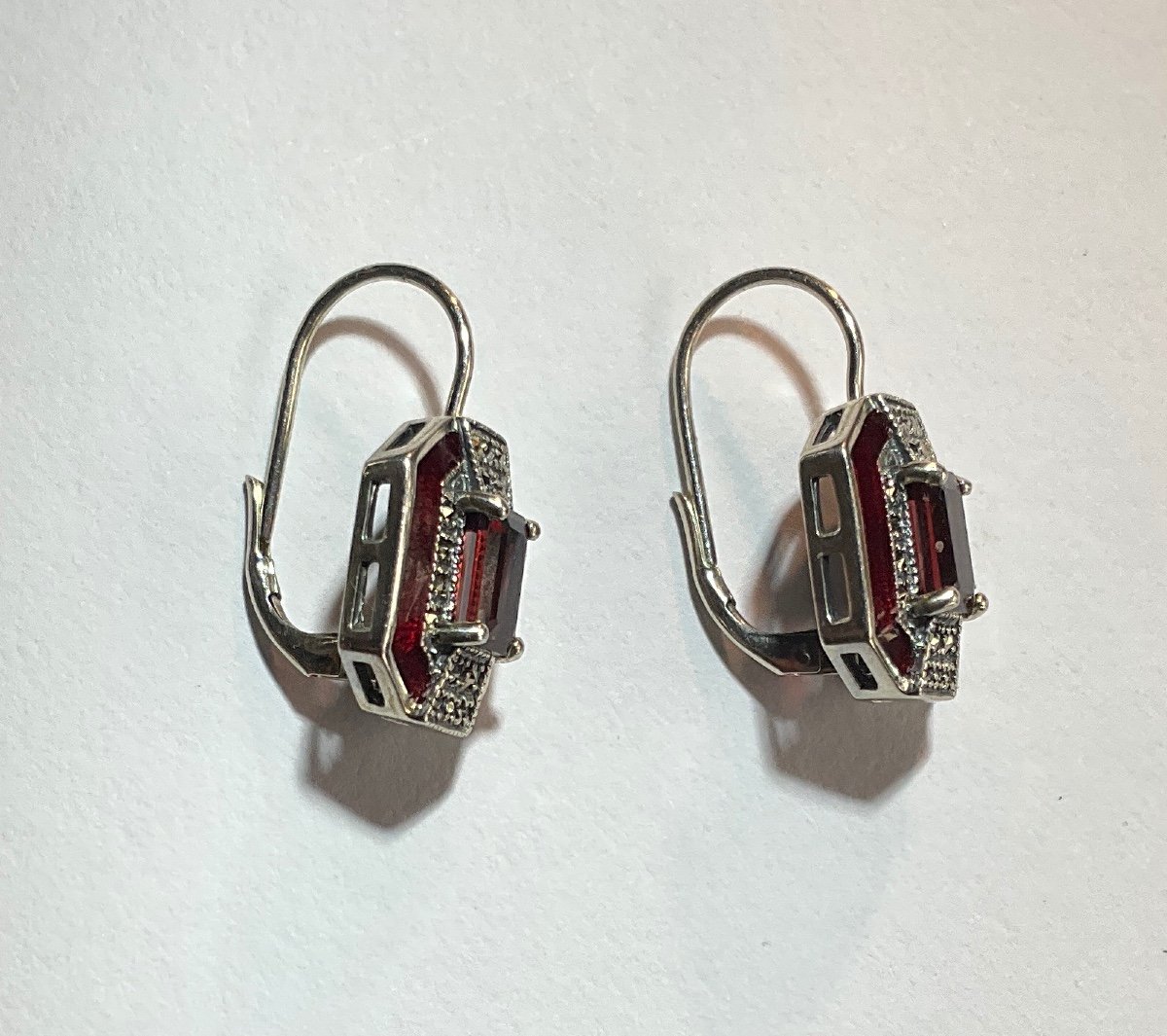 Pair Of Silver Earrings Garnets Marcasite Enamel-photo-2