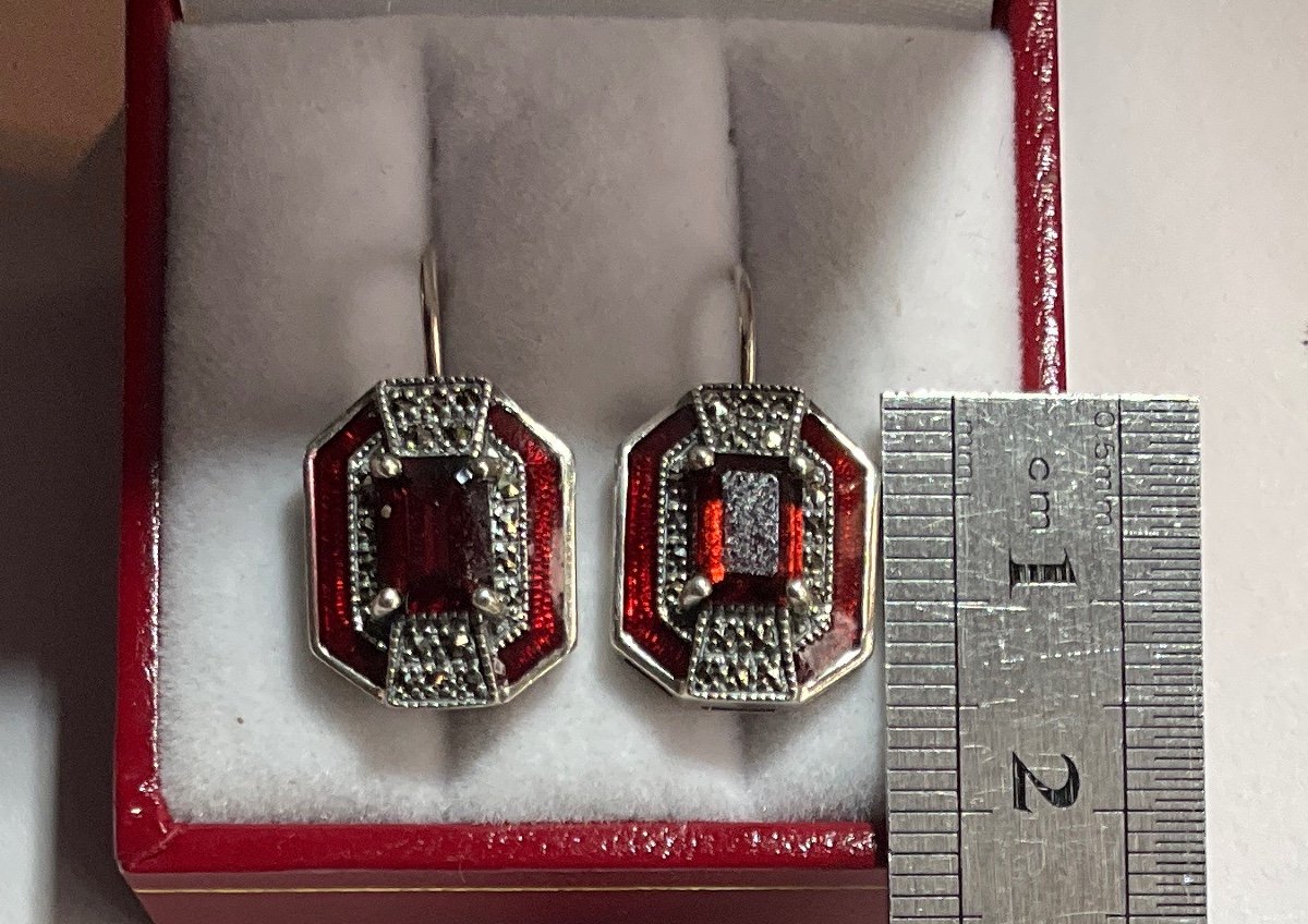 Pair Of Silver Earrings Garnets Marcasite Enamel-photo-4