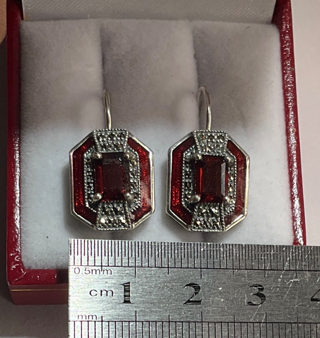 Pair Of Silver Earrings Garnets Marcasite Enamel-photo-1