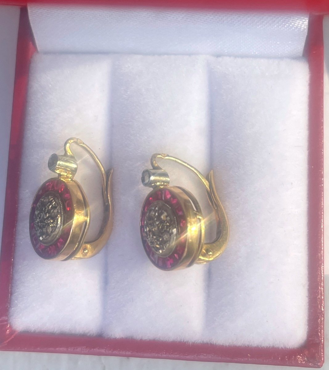 Boucles D’oreilles Dormeuses , Diamants Et Rubis De Synthèse -photo-2