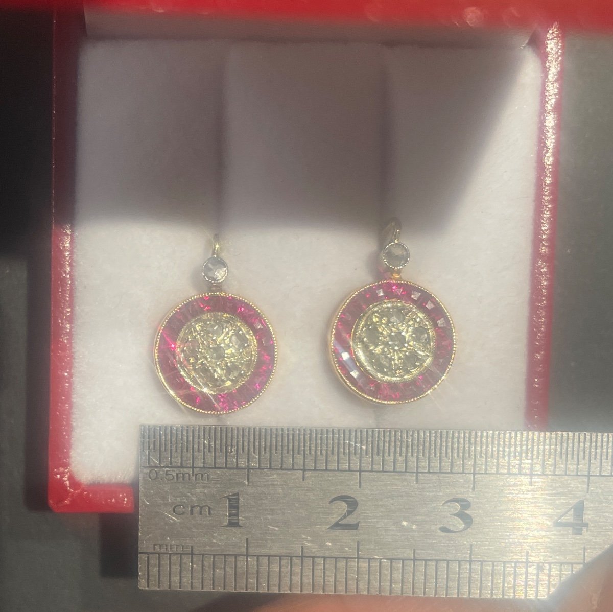 Boucles D’oreilles Dormeuses , Diamants Et Rubis De Synthèse -photo-2