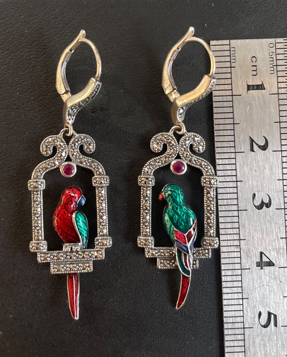 Silver Earrings Parrots Enemal Rubis-photo-3