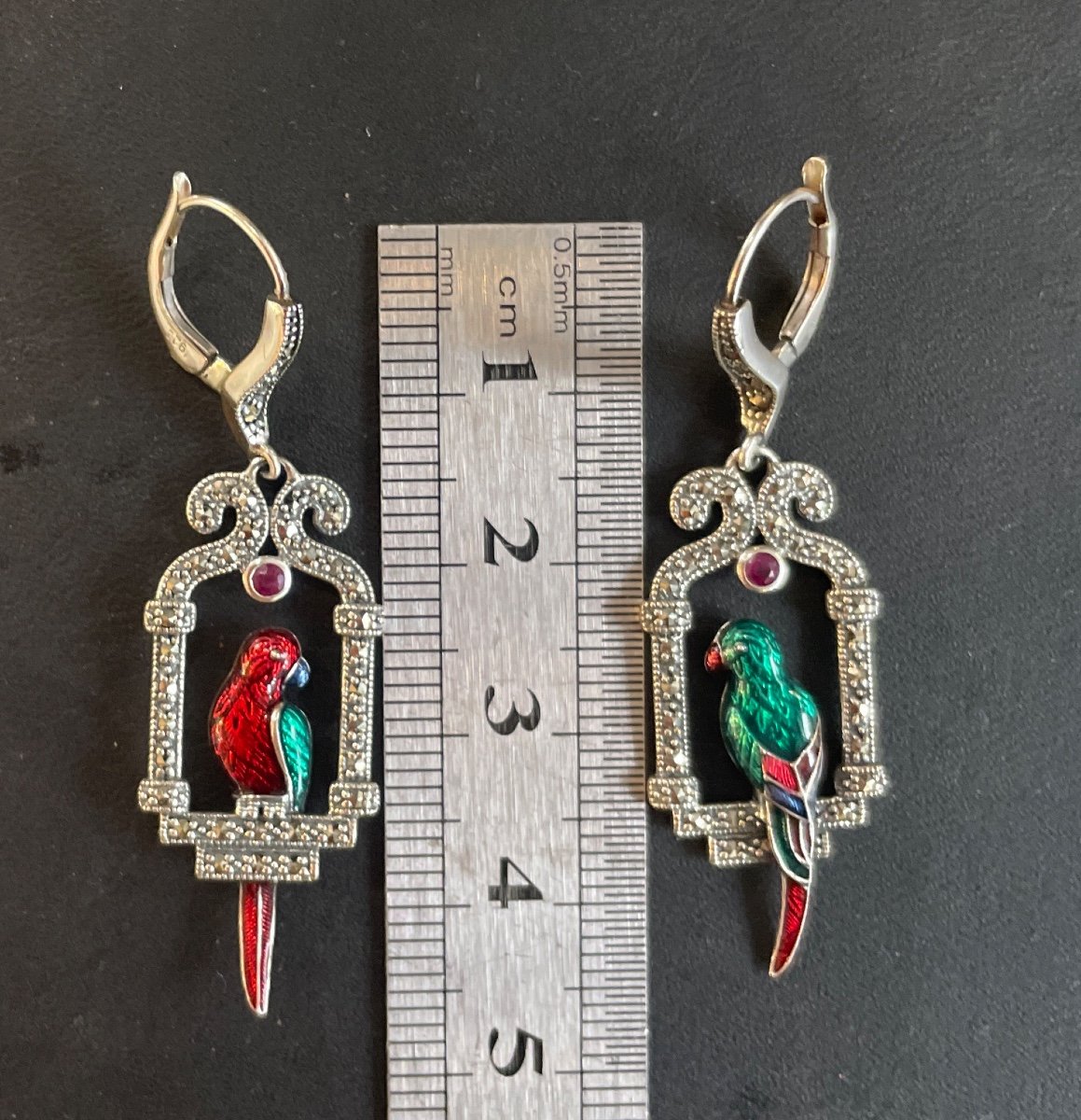 Silver Earrings Parrots Enemal Rubis-photo-4